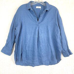 Uniqlo Linen Collared Popover Long Sleeve Lagenlook Classic Shirt Womens M Blue